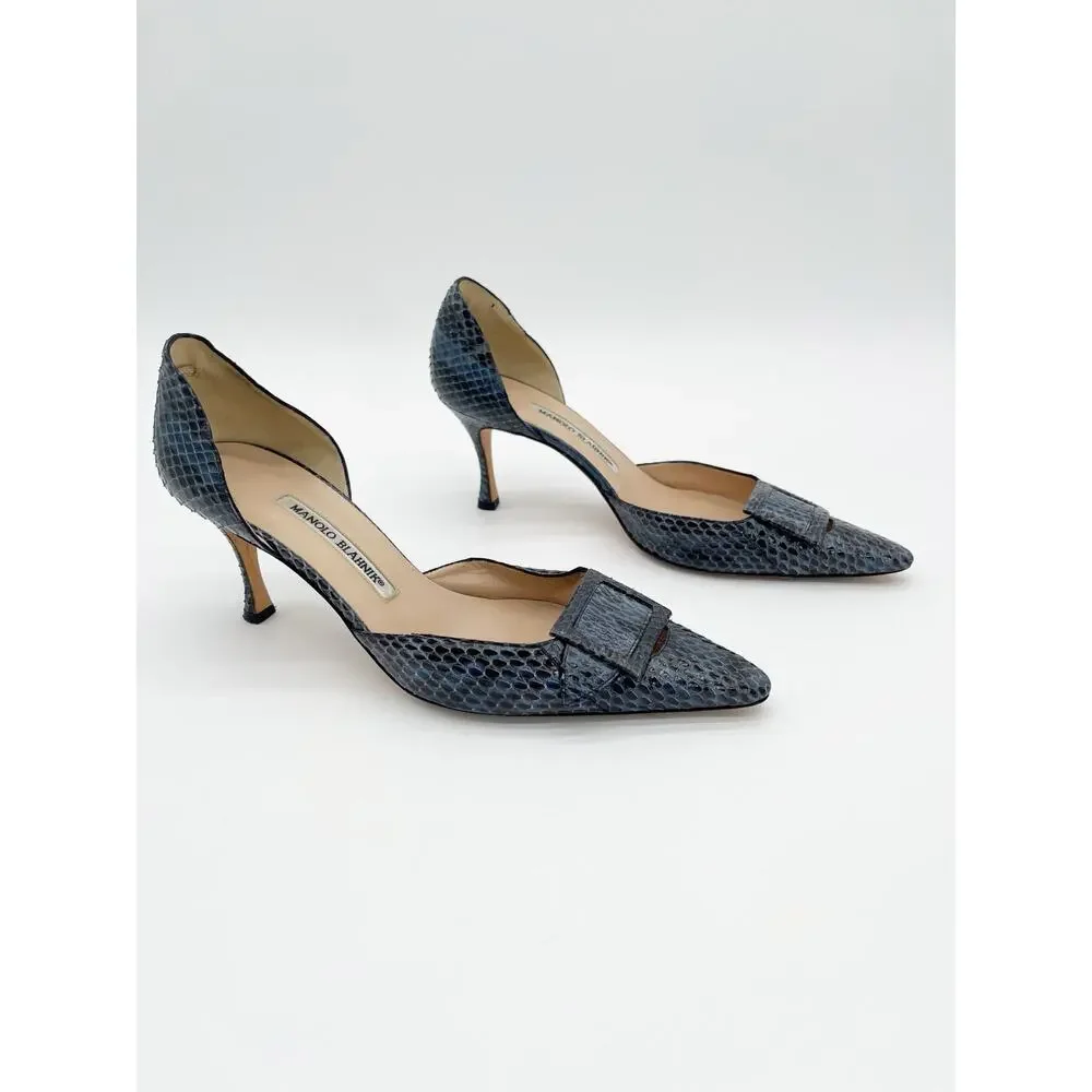 Manolo Blahnik Vintage Blue Python Snakeskin Buckle Pointed Toe Heels IT 39.5
